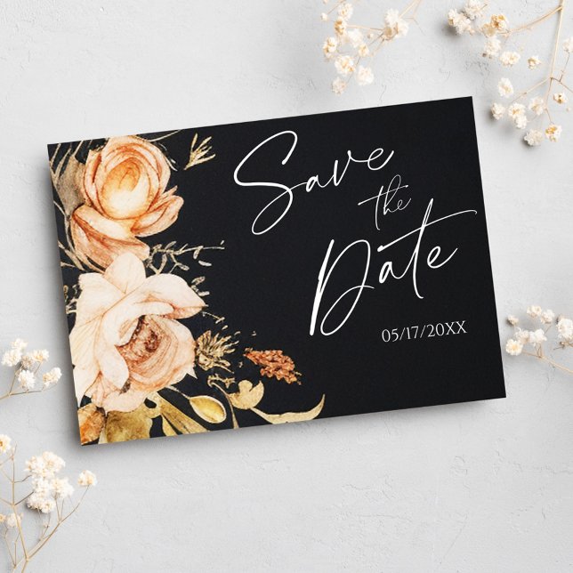 Postal De Anuncios Black Fall Floral Modern Save the Date (Black Fall Floral Modern Save The Date Announcement Postcard)