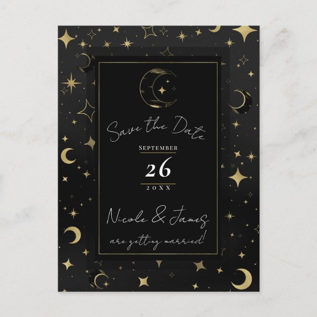 Postal De Anuncios Black & Gold Celestial Moon & Stars Save the Date (Anverso)