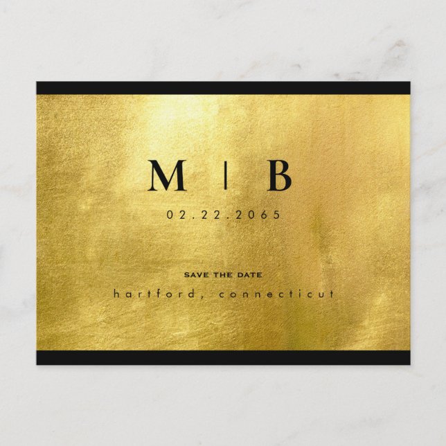 Postal De Anuncios Black Monogram & Gold Sleek Save the Date (Anverso)