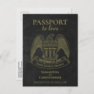 Postal De Anuncios Black Passport Cute Fun Wedding Guardar la fecha