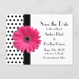 Postal De Anuncios Black Polka Dots Pink Daisy Wedding Save the Date