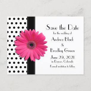 Postal De Anuncios Black Polka Dots Pink Daisy Wedding Save the Date