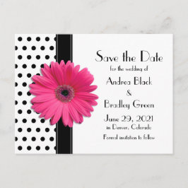 Postal De Anuncios Black Polka Dots Pink Daisy Wedding Save the Date