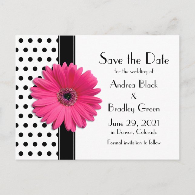 Postal De Anuncios Black Polka Dots Pink Daisy Wedding Save the Date (Anverso)