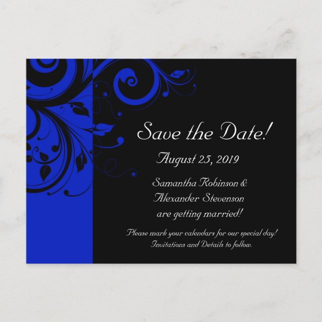 Postal De Anuncios Black/Royal Blue Reverse Swirl Save the Date (Anverso)