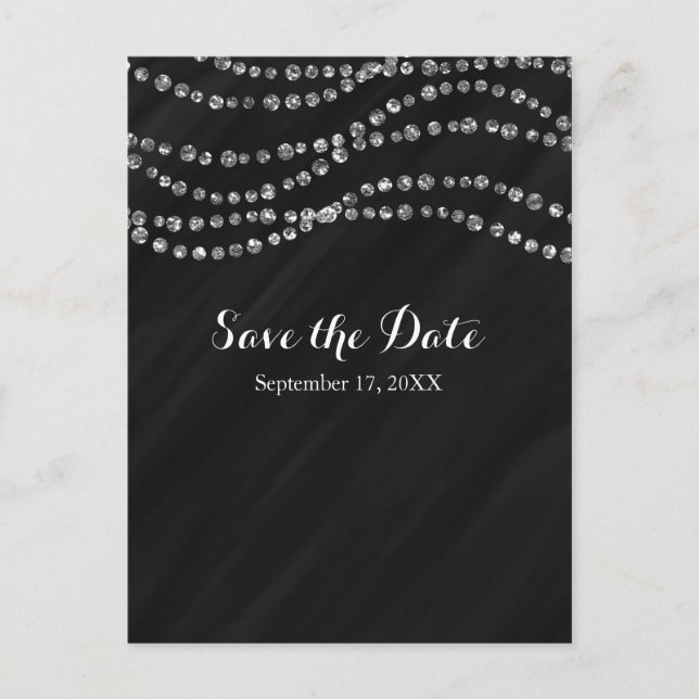 Postal De Anuncios Black & Silver Faux Diamond Bling Save The Date (Anverso)