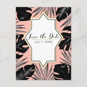 Postal De Anuncios Black Tropical Leaves Coral Gold Salven la fecha