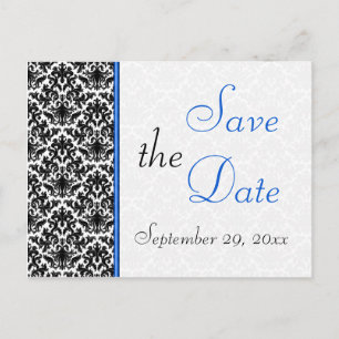 Postal De Anuncios Black, White, Blue Damask Save the Date Postcard