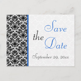 Postal De Anuncios Black, White, Blue Damask Save the Date Postcard