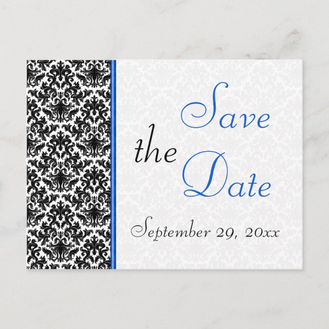 Postal De Anuncios Black, White, Blue Damask Save the Date Postcard (Anverso)