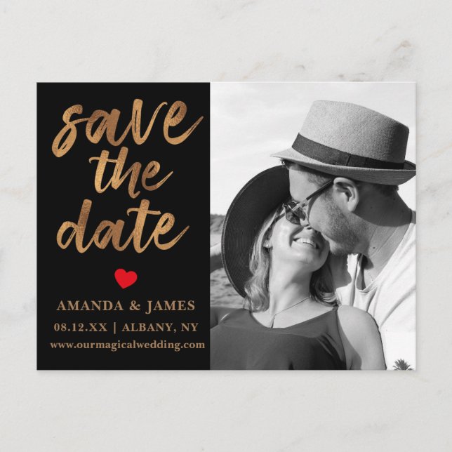 Postal De Anuncios Black & White Cooper Faux Foil Foto Save The Date (Anverso)