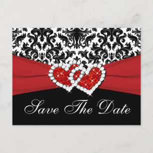Postal De Anuncios Black, White, Red Damask Save the Date Postcard