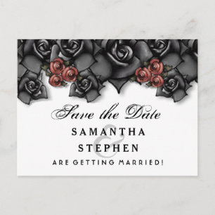 Postal De Anuncios Black White Red Roses Halloween Save Date