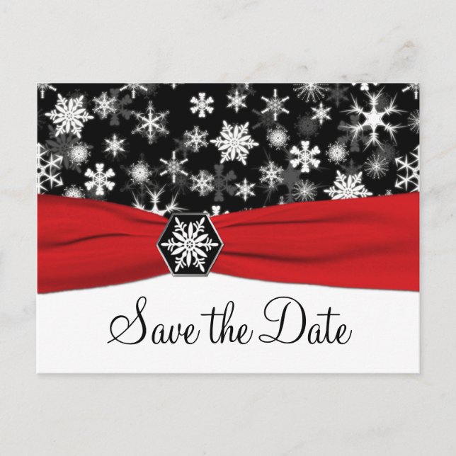 Postal De Anuncios Black, White, Red Snowflakes Save the Date Card (Anverso)