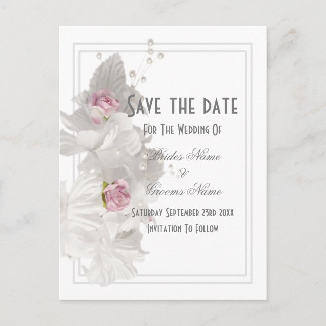 Postal De Anuncios Blanca boda floral ahorrar la fecha (Anverso)