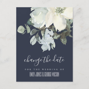 POSTAL DE ANUNCIOS BLANCO MARFIL NAVAL FLORES DE BODA CAMBIA LA FECHA
