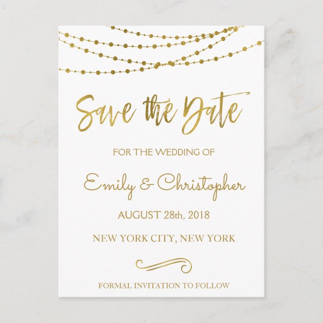 Postal De Anuncios Blanco y dorado Save the Date de papel de estaño (Anverso)