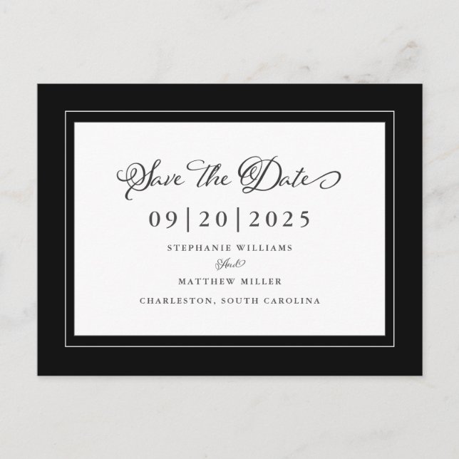 Postal De Anuncios Blanco y Negro Guárdame la Fecha Chic de Boda Eleg (Anverso)