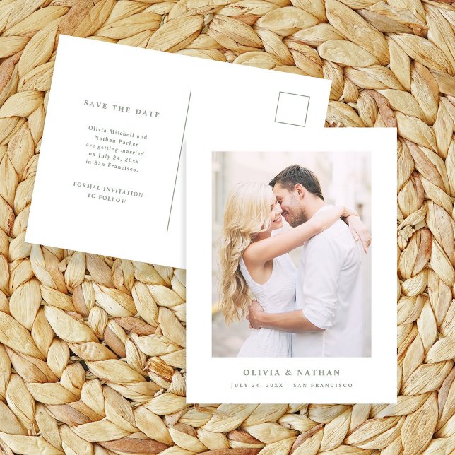 Postal De Anuncios Blanco y Salvia | Elegante Foto Guardar la Fecha (Subido por el creador)