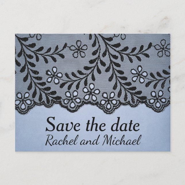 Postal De Anuncios Blue and Black Faux Lace Save the Date (Anverso)