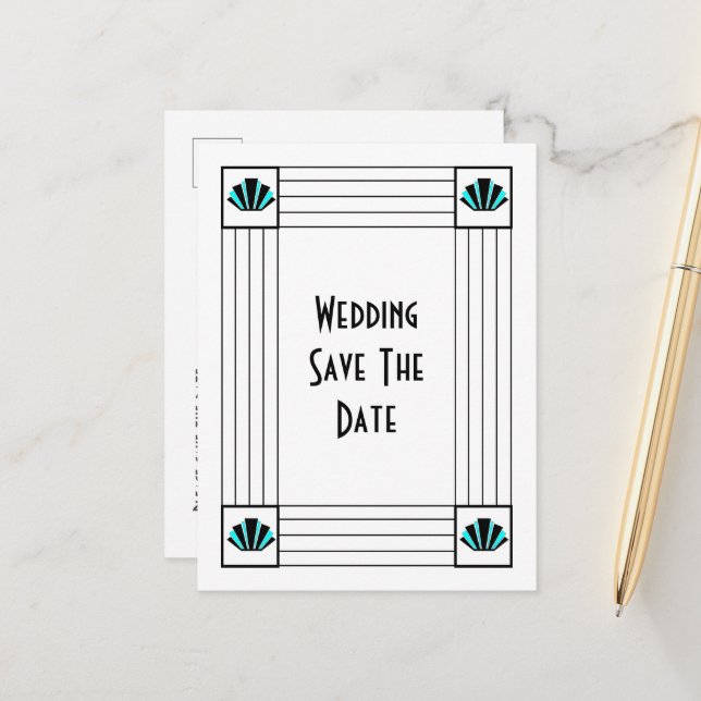 Postal De Anuncios Blue Art Deco Design Wedding Save The Date (Anverso/Reverso In Situ)