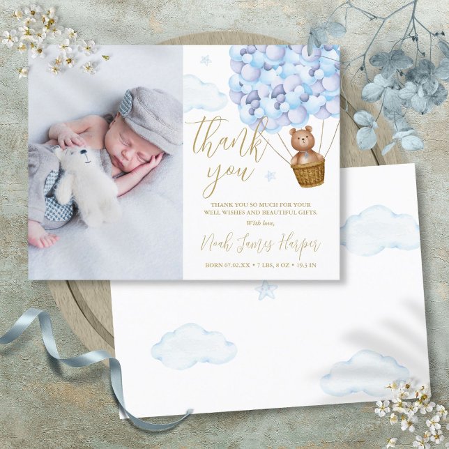 Postal De Anuncios Blue Balloons Bear Gracias Nacimiento Foto Bebé (Blue Balloons Bear Thank You Baby Photo Birth Announcement Postcard)