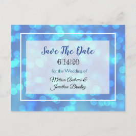 Postal De Anuncios Blue Bokeh Save the Date Postcard