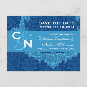 Postal De Anuncios Blue Damask y Curlicue Save The Date V002
