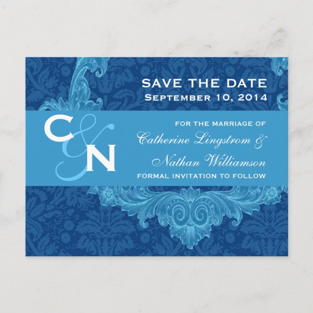 Postal De Anuncios Blue Damask y Curlicue Save The Date V002 (Anverso)