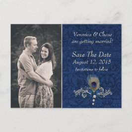 Postal De Anuncios Blue Damask y pluma de pavo real Save The Date