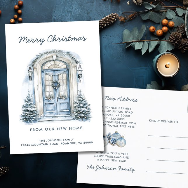 Postal De Anuncios Blue Door Merry Christmas from New Home (Blue Front Door Merry Christmas from Our New Home Holiday Moving Announcement Postcard)