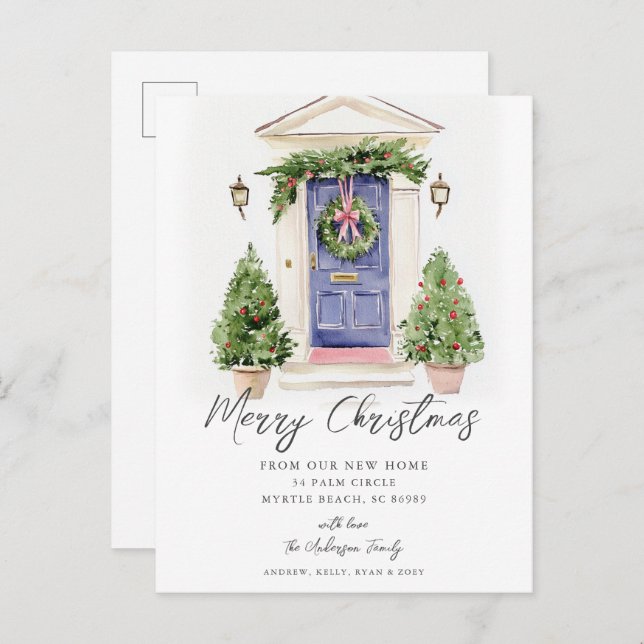 Postal De Anuncios Blue Door Rustic Christmas New Home Card (Anverso / Reverso)