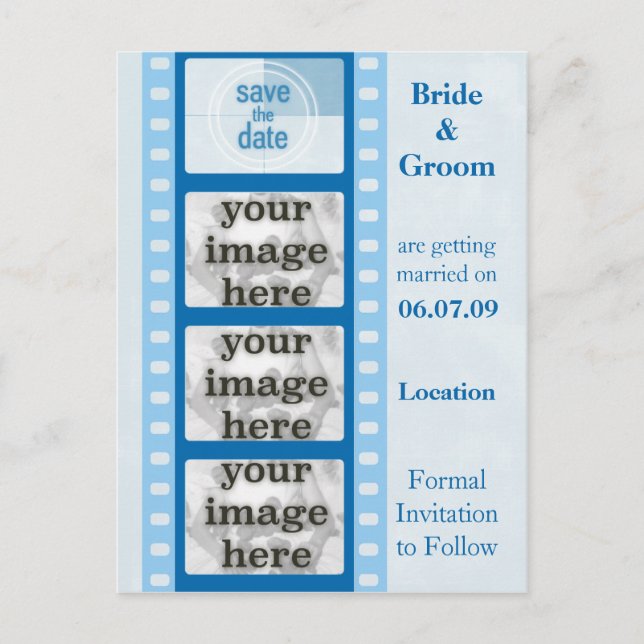 Postal De Anuncios Blue Film Strip Save the Date Photo Postcards (Anverso)