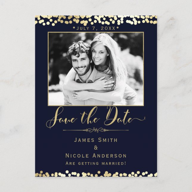 Postal De Anuncios Blue & Gold Confetti Photo Wedding Salven la fecha (Anverso)
