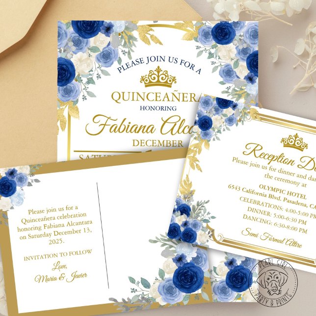 Postal De Anuncios Blue & Gold Floral Save the Date (Subido por el creador)