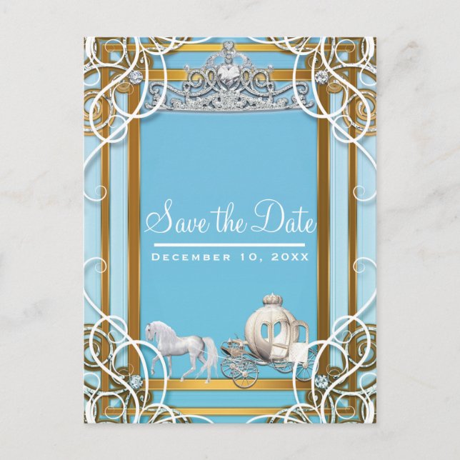 Postal De Anuncios Blue Gold Princess Crown & Carriage Save the Date (Anverso)