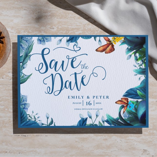Postal De Anuncios Blue Green Watercolor Foliage Butterfly Wedding (Blue Green Watercolor Foliage Butterfly Wedding Announcement Postcard)