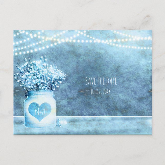 Postal De Anuncios Blue Heart Mason Jar & Baby's Breath Save The Date (Anverso)