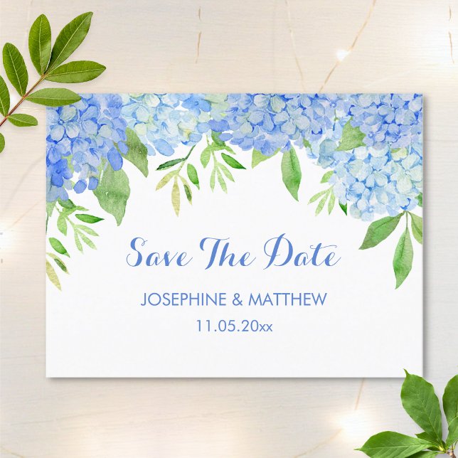 Postal De Anuncios Blue Hydrangea Floral Greenery Save the Date (Subido por el creador)