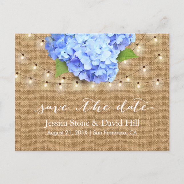Postal De Anuncios Blue Hydrangea Floral Rustic Wedding Save the Date (Anverso)