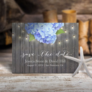 Postal De Anuncios Blue Hydrangea & String Lights Wood Save the Date