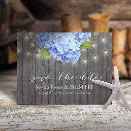 Postal De Anuncios Blue Hydrangea & String Lights Wood Save the Date