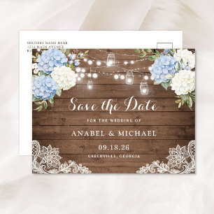 Postal De Anuncios Blue Hydrangea Wood String Lights Save the Date