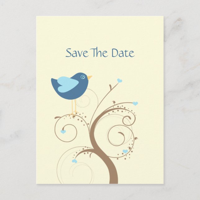Postal De Anuncios Blue Lovebird and Hearts Save the Date (Anverso)