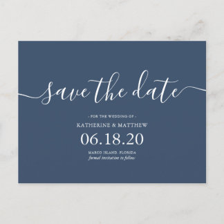 Postal De Anuncios Blue Modern Script Wedding Guardar la fecha