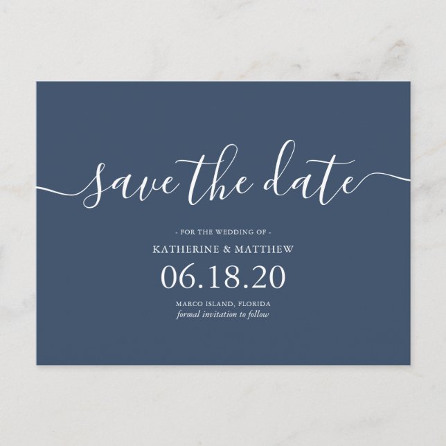 Postal De Anuncios Blue Modern Script Wedding Guardar la fecha (Anverso)