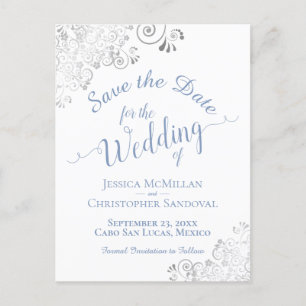 Postal De Anuncios Blue on White Lacy Silver Wedding Save the Date