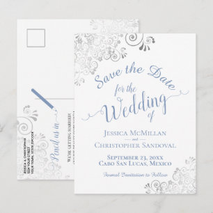 Postal De Anuncios Blue on White Lacy Silver Wedding Save the Date
