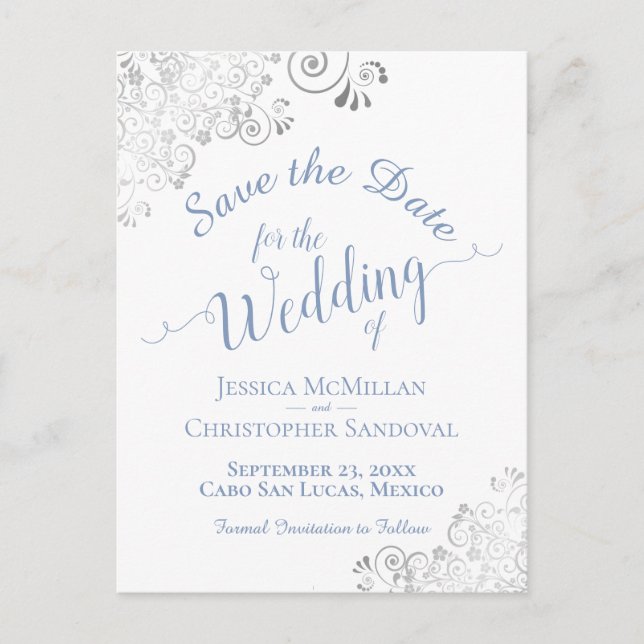 Postal De Anuncios Blue on White Lacy Silver Wedding Save the Date (Anverso)