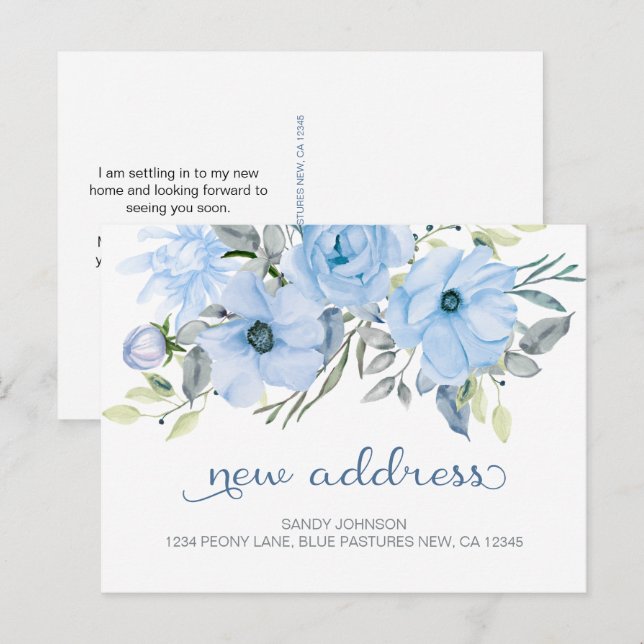 Postal De Anuncios Blue Peony Floral Mi nueva dirección (Anverso / Reverso)
